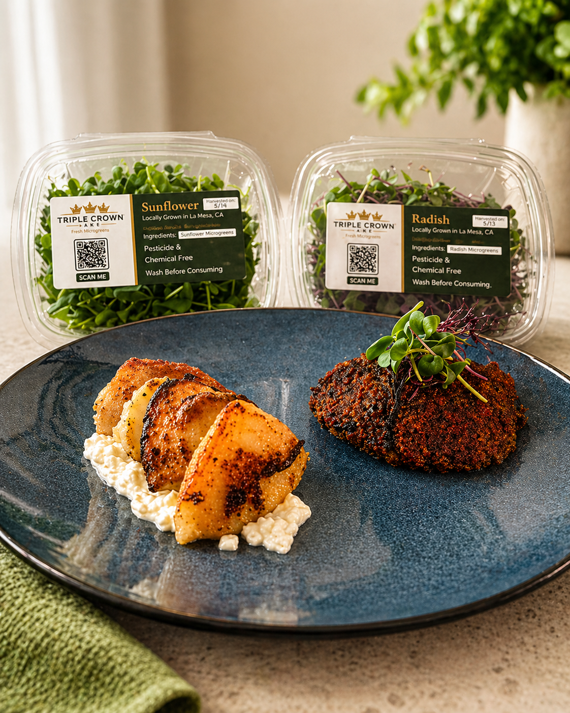 Plated dinner with roasted vegetables, radish microgreens, and Triple Crown AKE sunflower and radish packaging
