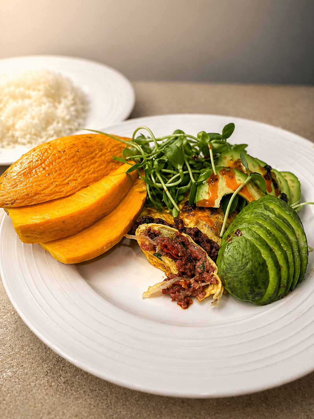 Savory plate with avocado, roasted squash, rice, and fresh pea shoot microgreens