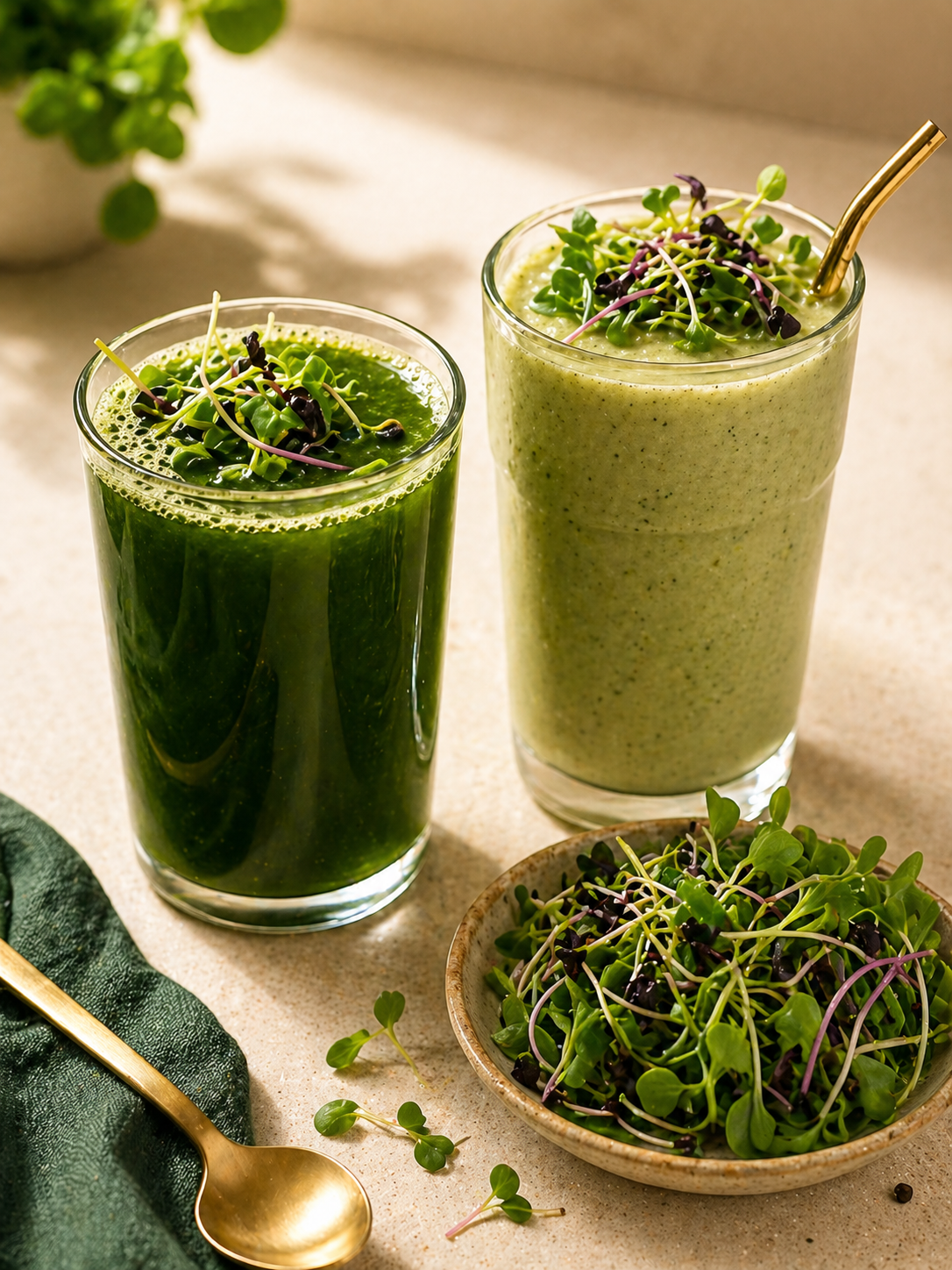 Green smoothie and green juice garnished with fresh microgreens